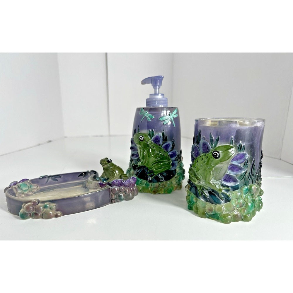 Vintage Lucite 60s 70s‎ Purple Green Frog Decor Bathroom Vanity Set 3 pc RARE